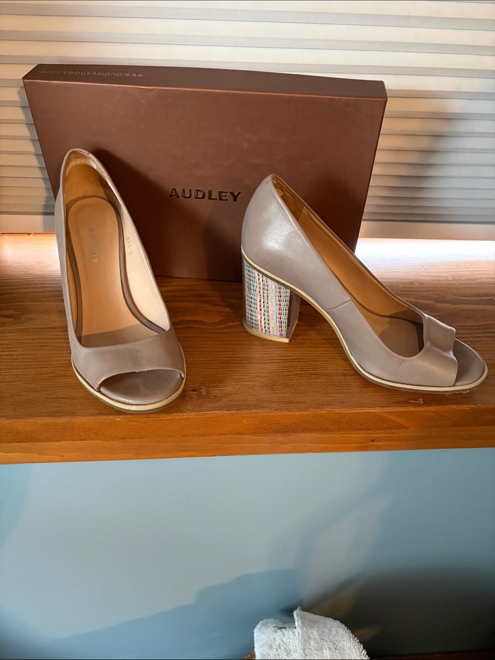 Audley  of London: Taupe Open-Toe Pumps with Iridescent Multicolor Block Heel